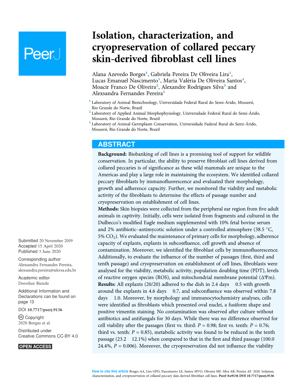 Isolation, Characterization, and Cryopreservation of Collared Peccary Skin-Derived ﬁbroblast Cell Lines