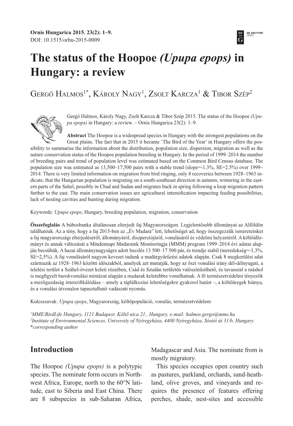 The Status of the Hoopoe (Upupa Epops) in Hungary: a Review