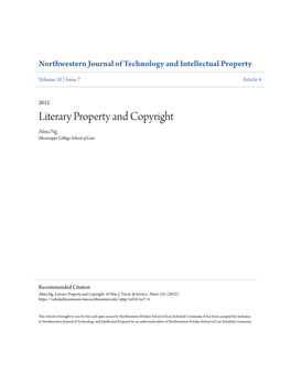 Literary Property and Copyright Alina Ng Mississippi College School of Law