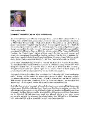 Ellen Johnson Sirleaf First Female President of Liberia & Nobel Peace Laureate Internationally Known As “Africa's Iron