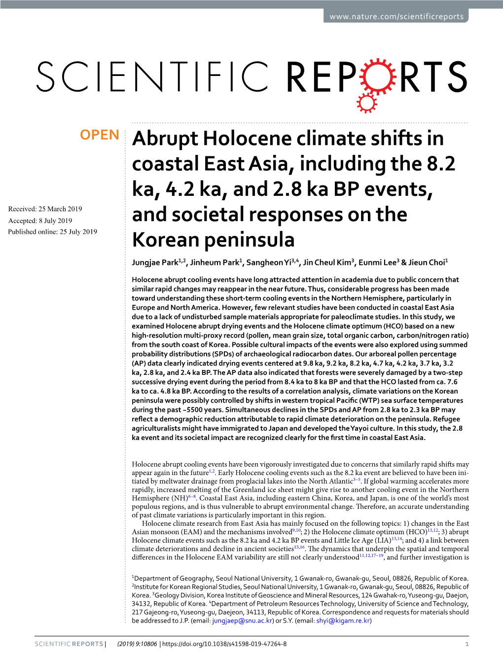 Abrupt Holocene Climate Shifts in Coastal East Asia, Including the 8.2