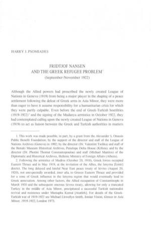 FRIDTJOF NANSEN and the GREEK REFUGEE PROBLEM1 (September-November 1922)