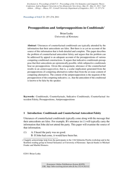 Presuppositions and Antipresuppositions in Conditionals∗
