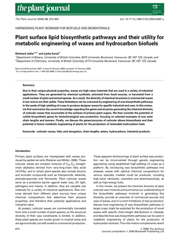 Plant Surface Lipid Biosynthetic Pathways and Their Utility for Metabolic Engineering of Waxes and Hydrocarbon Biofuels