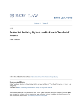 Section 5 of the Voting Rights Act and Its Place in "Post-Racial" America