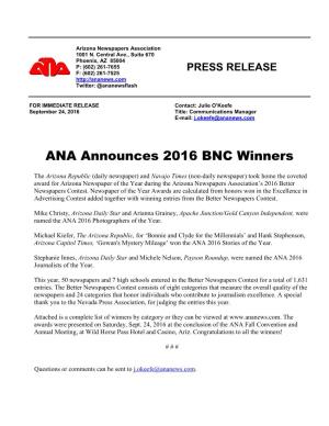 ANA Announces 2016 BNC Winners
