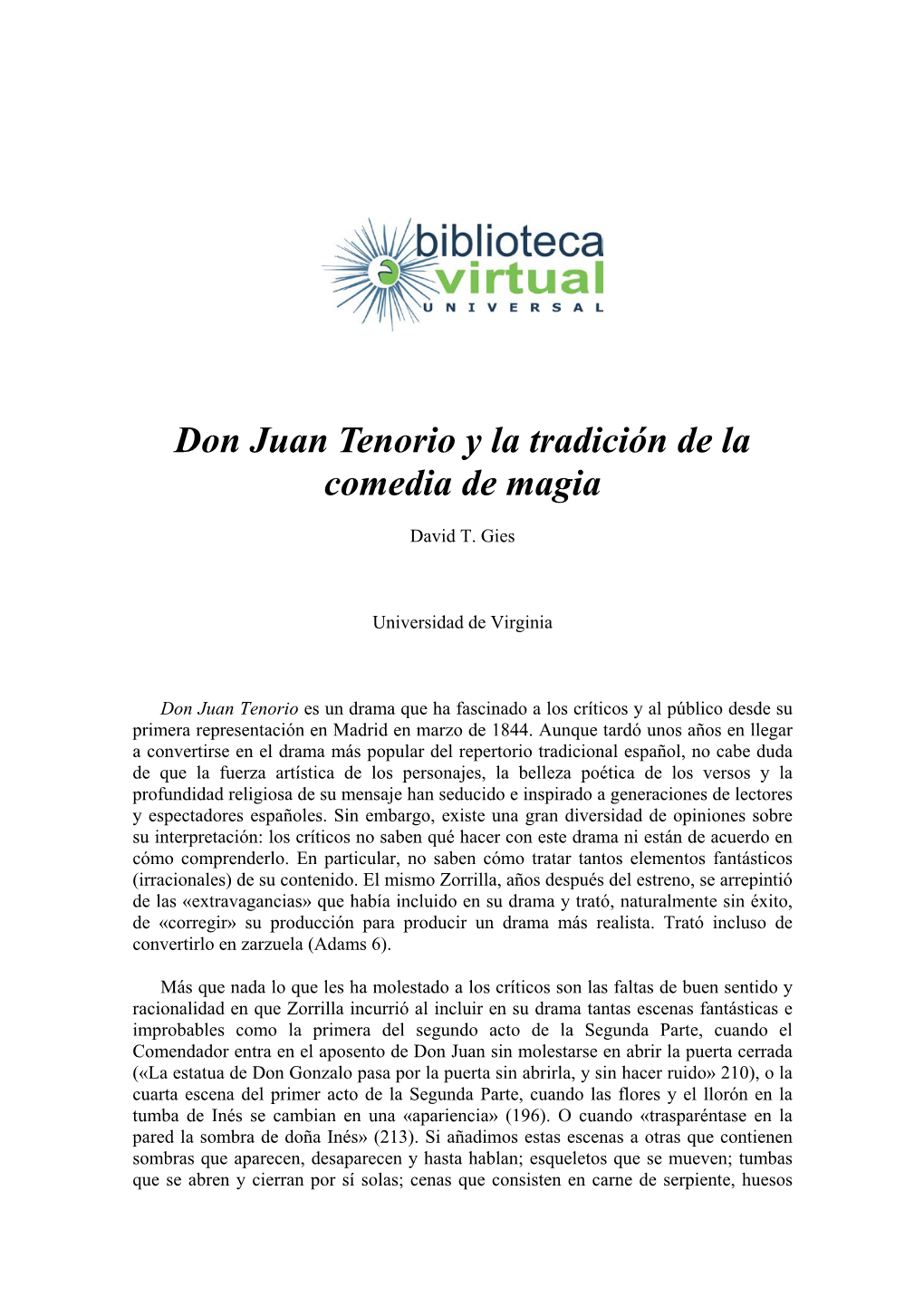 Don Juan Tenorio Y La Tradición De La Comedia De Magia