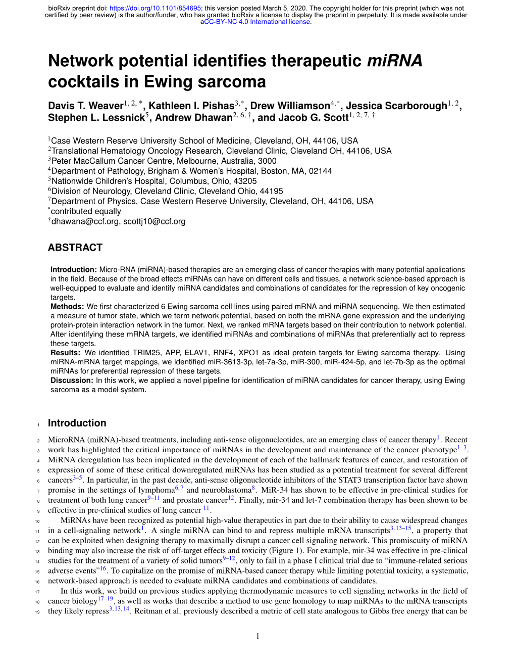 Network Potential Identifies Therapeutic Mirna Cocktails in Ewing Sarcoma