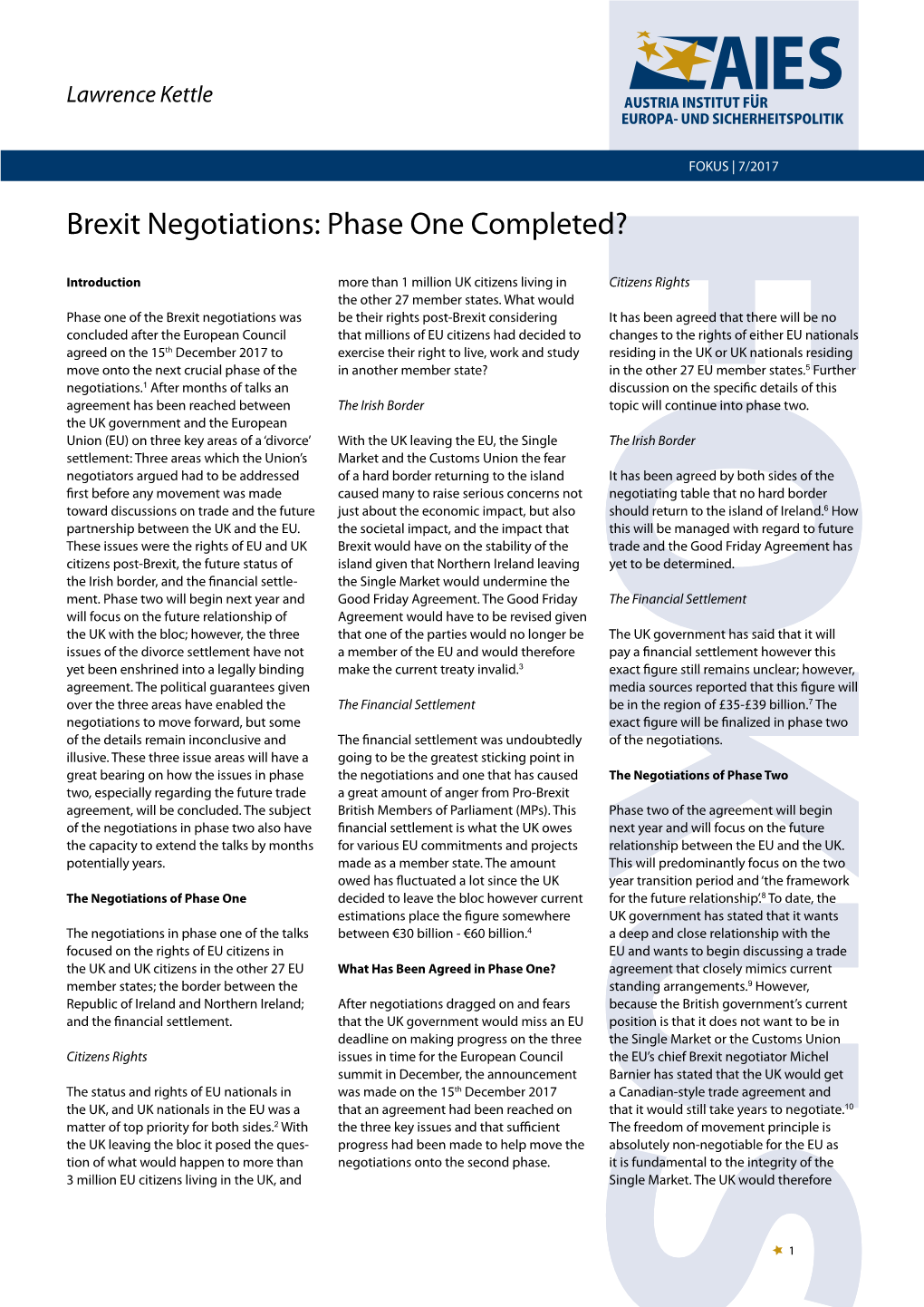 Brexit Negotiations: Phase One Completed?