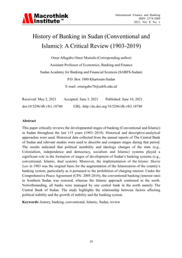 History of Banking in Sudan (Conventional and Islamic): a Critical Review (1903-2019)