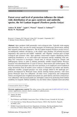 Wide Distribution of an Apex Carnivore and Umbrella Species, the Sri Lankan Leopard (Panthera Pardus Kotiya)