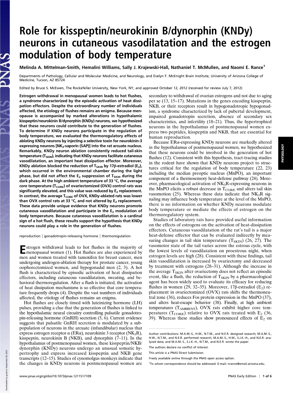 Role for Kisspeptin/Neurokinin B/Dynorphin (Kndy) Neurons in Cutaneous Vasodilatation and the Estrogen Modulation of Body Temperature