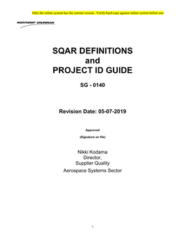 SQAR DEFINITIONS and PROJECT ID GUIDE