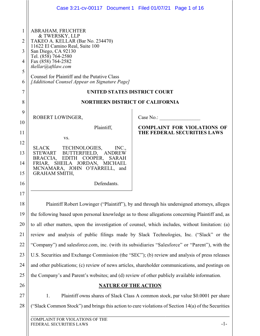 Robert Lowinger, Et Al. V. Slack Technologies, Inc., Et Al. 21-CV