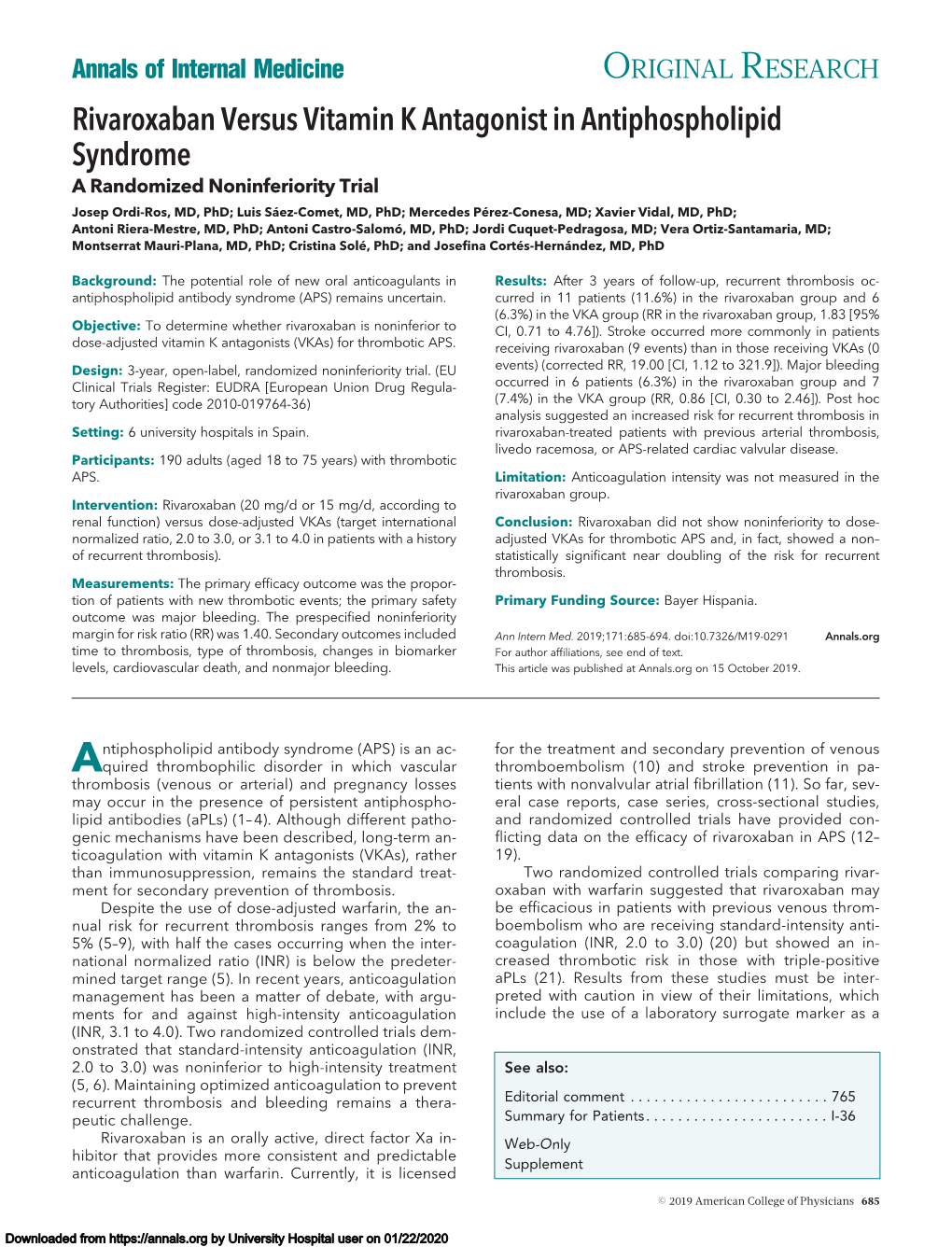 Rivaroxaban Versus Vitamin K Antagonist in Antiphospholipid