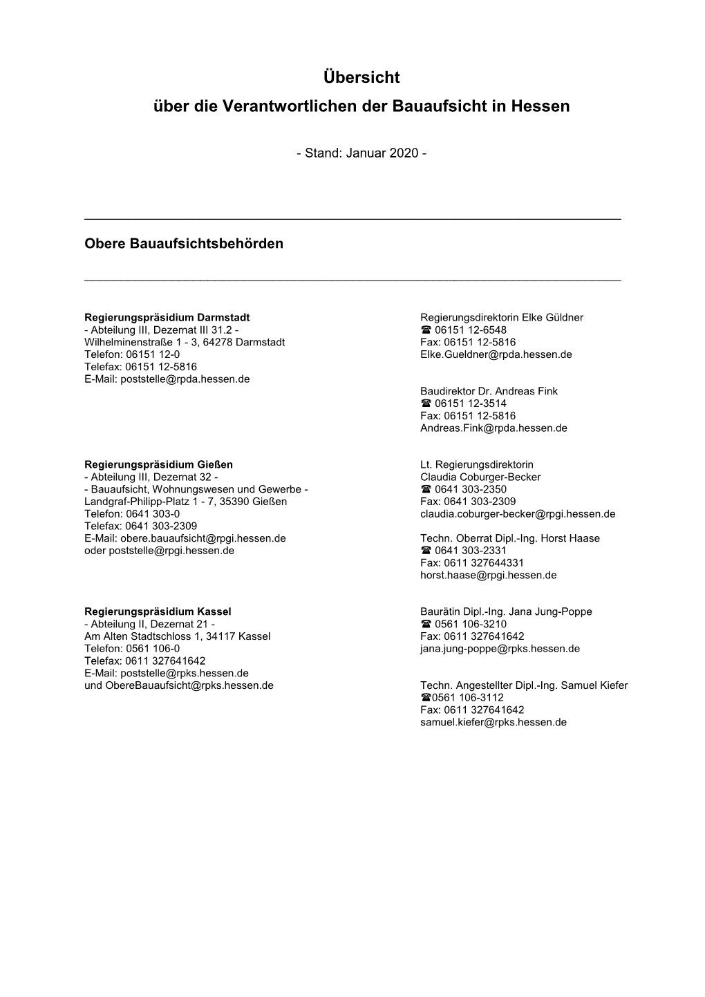 Übersicht Über Die Verantwortlichen Der Bauaufsicht in Hessen