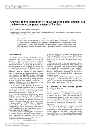 Analysis of the Integration of Yakut Isolated Power System Into the Interconnected Power System of Far East