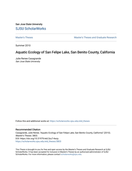 Aquatic Ecology of San Felipe Lake, San Benito County, California