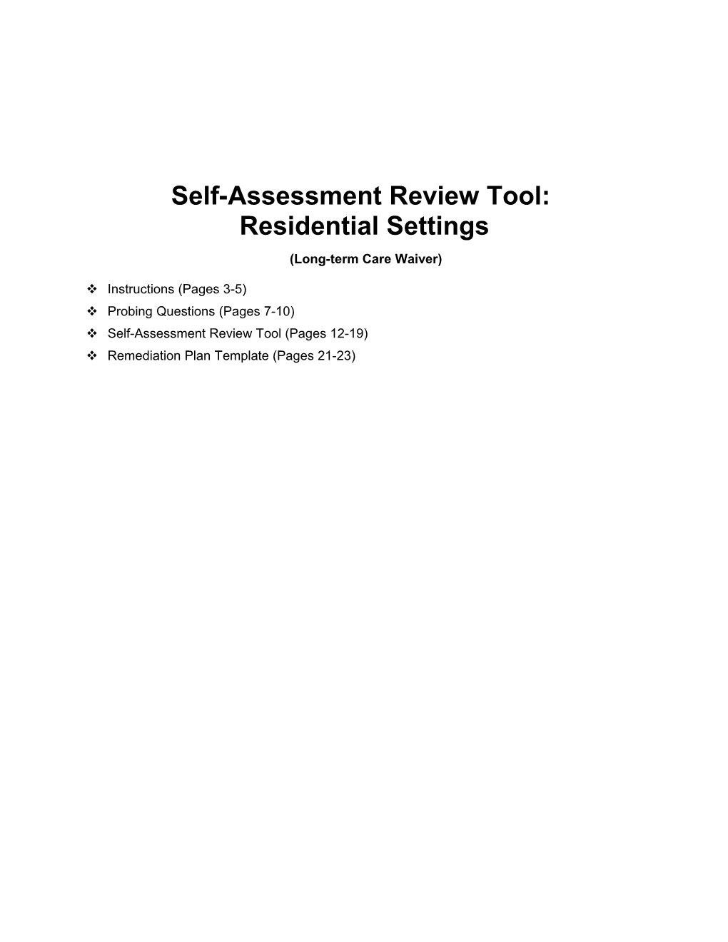 Self-Assessment Review Tool: Residential Settings