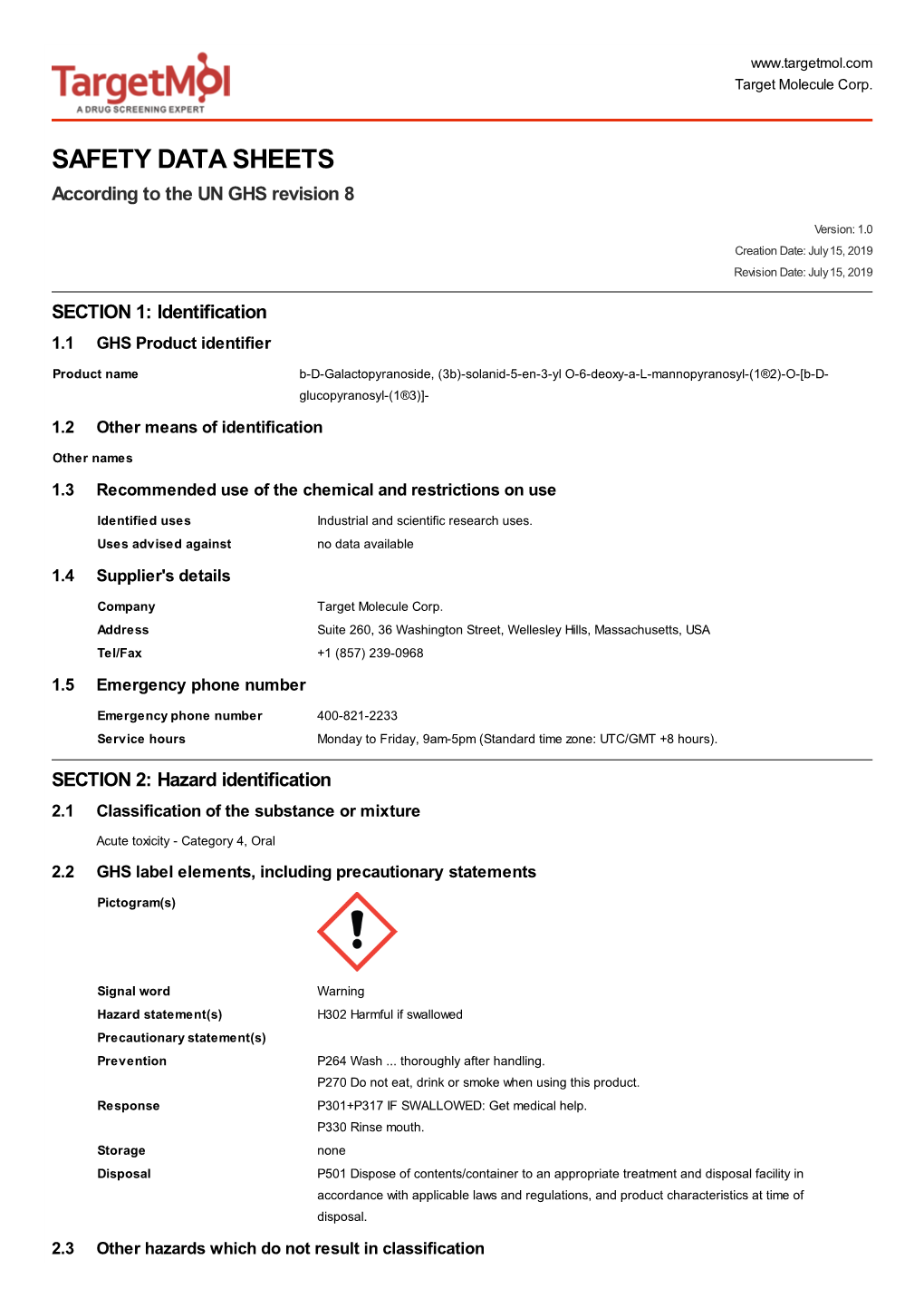 SAFETY DATA SHEETS According to the UN GHS Revision 8