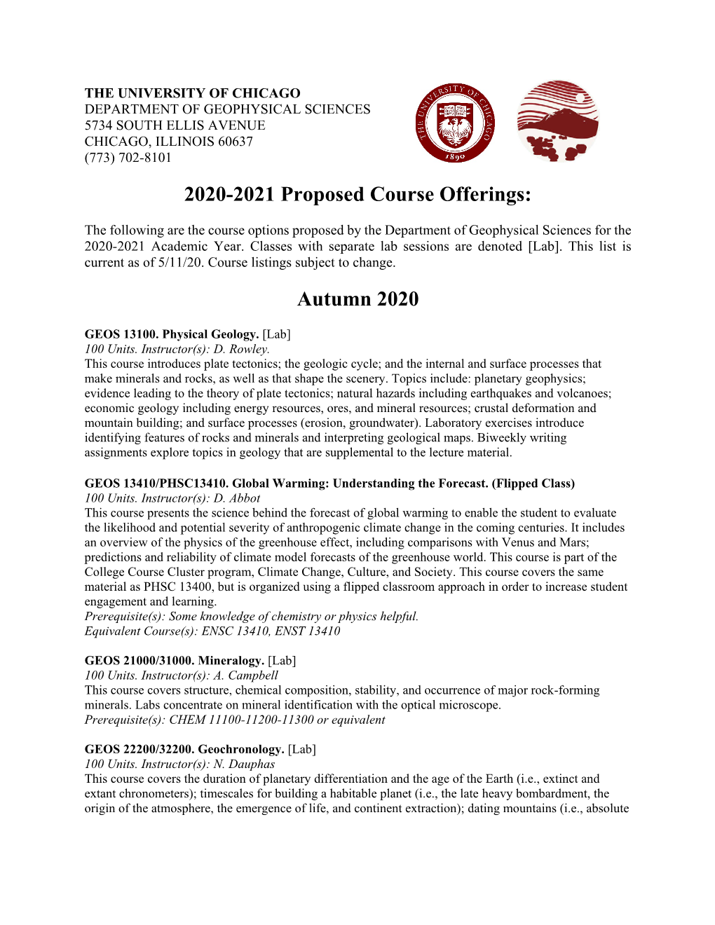 2020-2021 Proposed Course Offerings