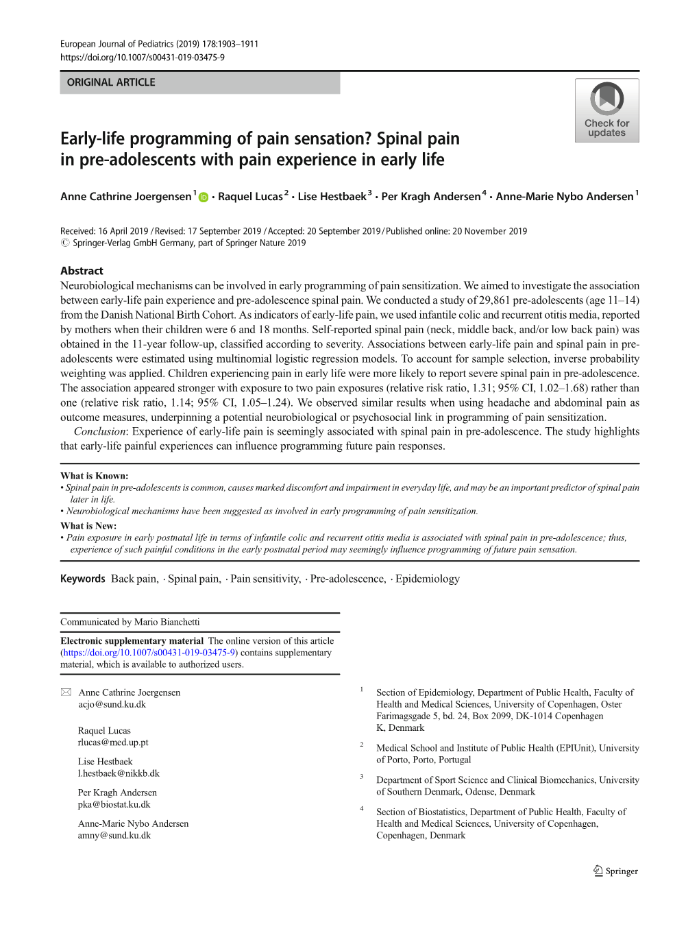 Spinal Pain in Pre-Adolescents with Pain Experience in Early Life