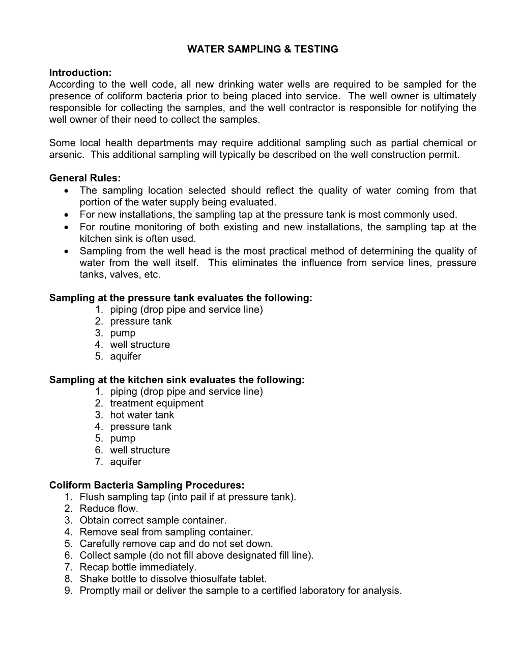 WATER SAMPLING & TESTING Introduction