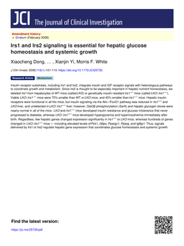 Irs1 and Irs2 Signaling Is Essential for Hepatic Glucose Homeostasis and Systemic Growth