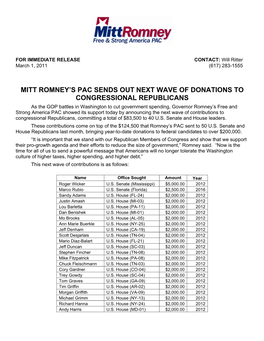 Mitt Romney's Pac Sends out Next Wave of Donations to Congressional Republicans