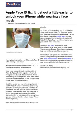Apple Face ID Fix: It Just Got a Little Easier to Unlock Your Iphone While Wearing a Face Mask 21 May 2020, by Jessica Guynn, Usa Today