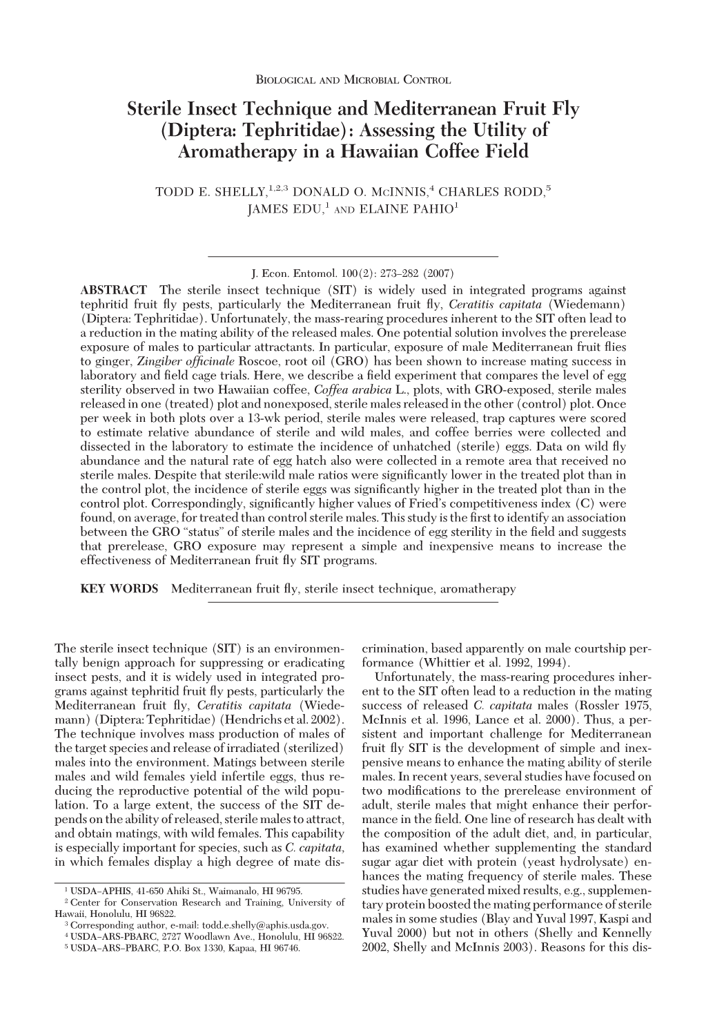 Sterile Insect Technique and Mediterranean Fruit Fly (Diptera: Tephritidae): Assessing the Utility of Aromatherapy in a Hawaiian Coffee Field