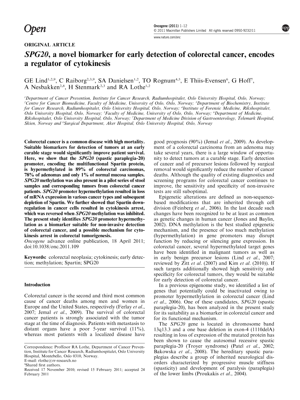 SPG20, a Novel Biomarker for Early Detection of Colorectal Cancer, Encodes a Regulator of Cytokinesis