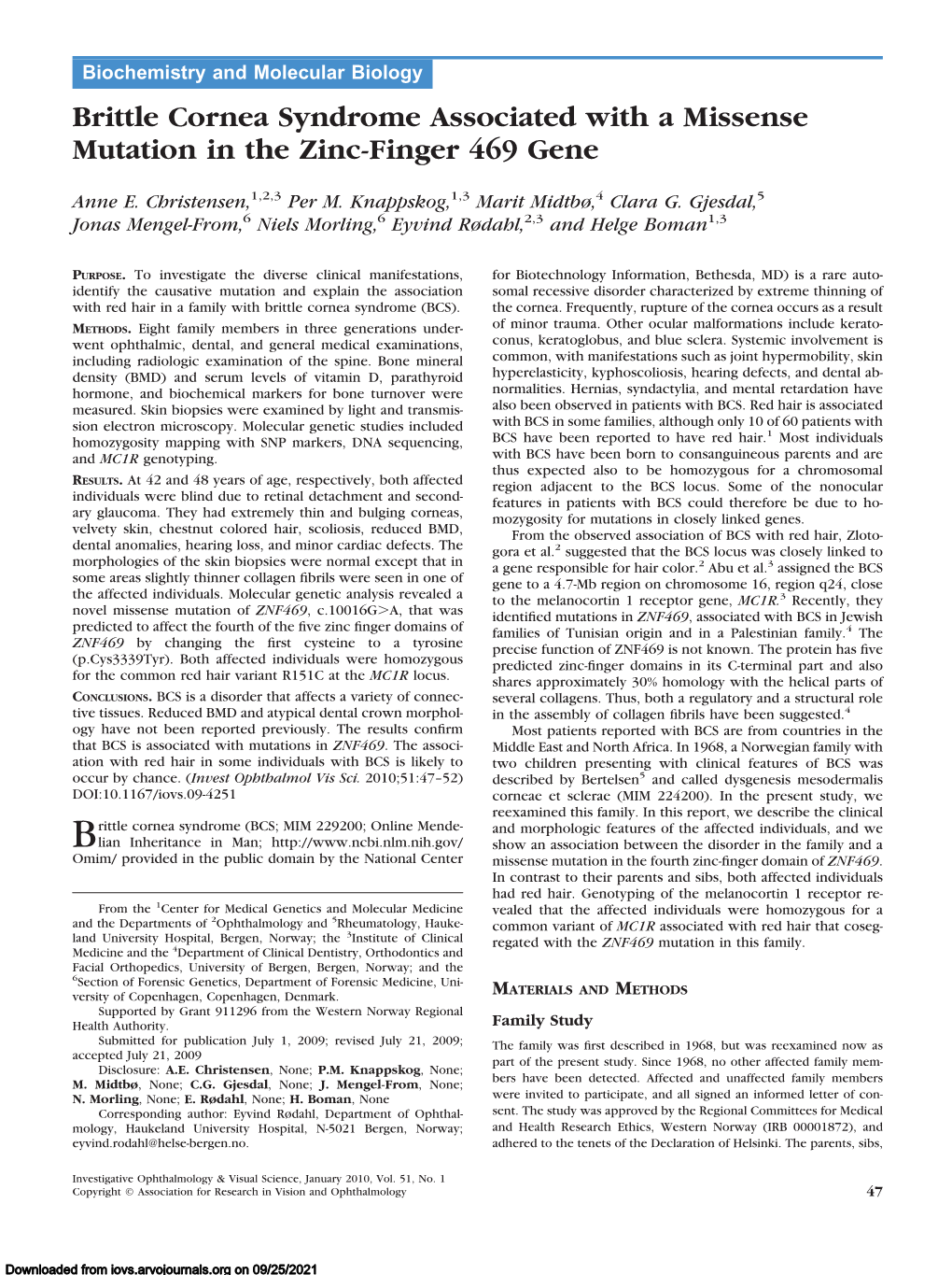 Brittle Cornea Syndrome Associated with a Missense Mutation in the Zinc-Finger 469 Gene