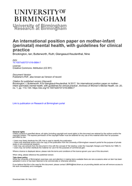 An International Position Paper on Mother-Infant (Perinatal) Mental Health, with Guidelines for Clinical Practice