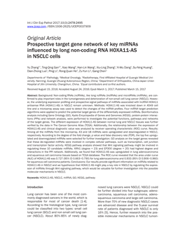 Original Article Prospective Target Gene Network of Key Mirnas Influenced by Long Non-Coding RNA HOXA11-AS in NSCLC Cells