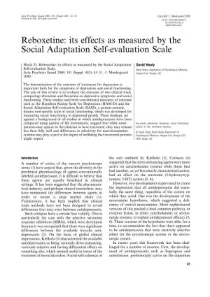 Reboxetine: Its Effects As Measured by the Social Adaptation Self-Evaluation Scale