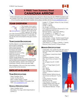 CANADIAN ARROW All the Information Given in This Document Has Been Cleared for Official Release by the X PRIZE Foundation and the Canadian Arrow Team