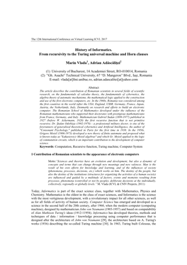 History of Informatics. from Recursivity to the Turing Universal Machine and Horn Clauses Marin Vlada1, Adrian Adăscăliţei2