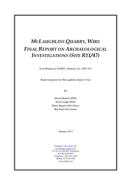 Mclaughlins Quarry, Wiri: Final Report on Archaeological Investigations (Site R11/47)