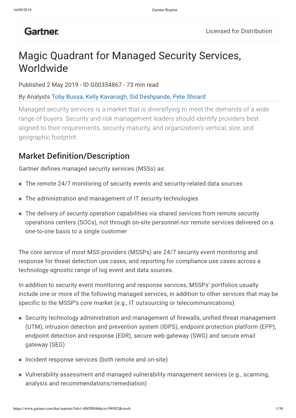 Magic Quadrant for Managed Security Services, Worldwide