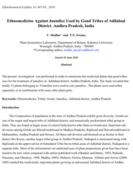 Ethnomedicine Against Jaundice Used by Gond Tribes of Adilabad District, Andhra Pradesh, India