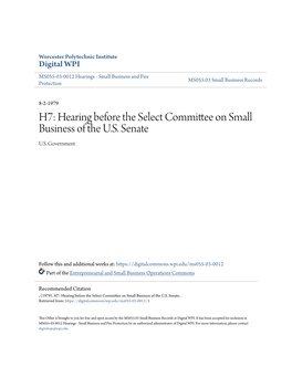 H7: Hearing Before the Select Committee on Small Business of the U.S