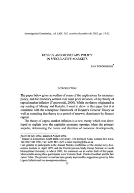 Keynes and Monetary Policy in Speculative Markets
