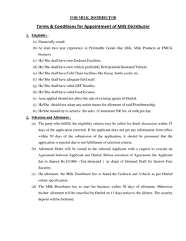 Terms & Conditions for Appointment of Milk Distributor