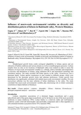 Influence of Macro-Scale Environmental Variables on Diversity and Distribution Pattern of Lichens in Badrinath Valley, Western Himalaya