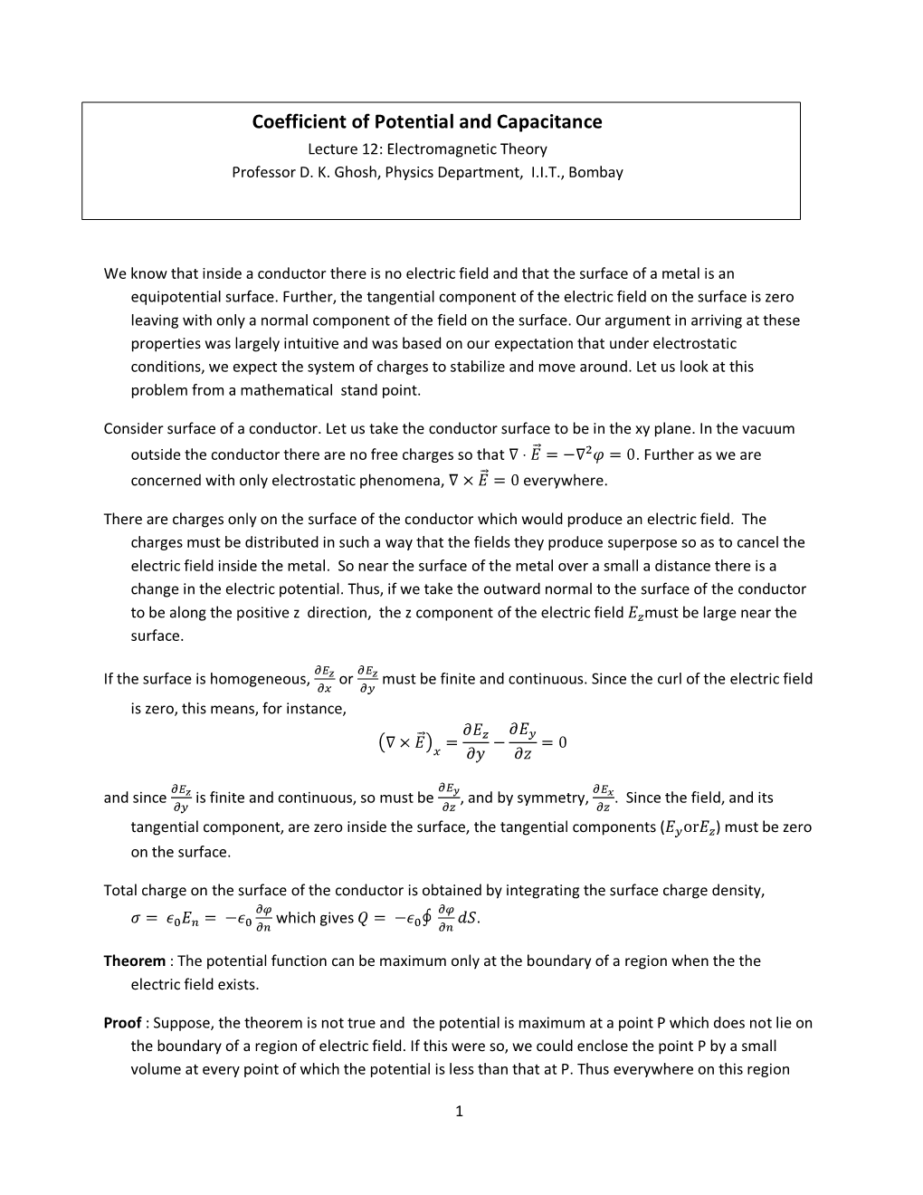 Coefficient of Potential and Capacitance Lecture 12: Electromagnetic Theory