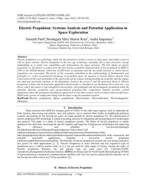 Electric Propulsion: Systems Analysis and Potential Application in Space Exploration