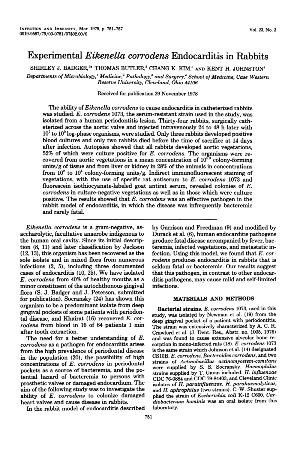 Experimental Eikenella Corrodens Endocarditis in Rabbits