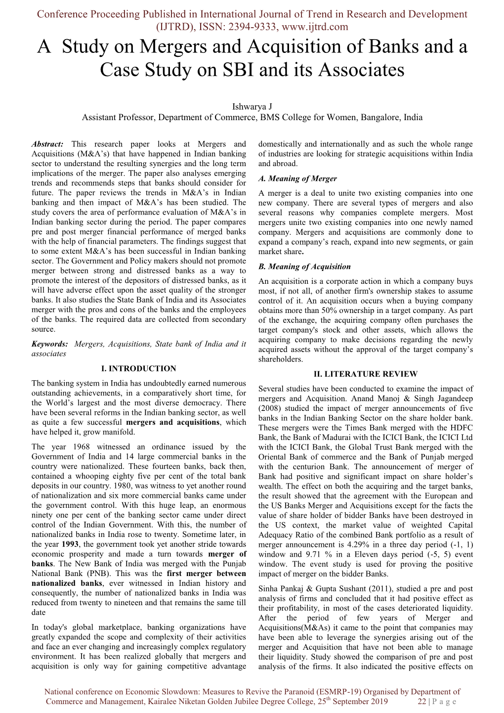 A Study on Mergers and Acquisition of Banks and a Case Study on SBI and Its Associates