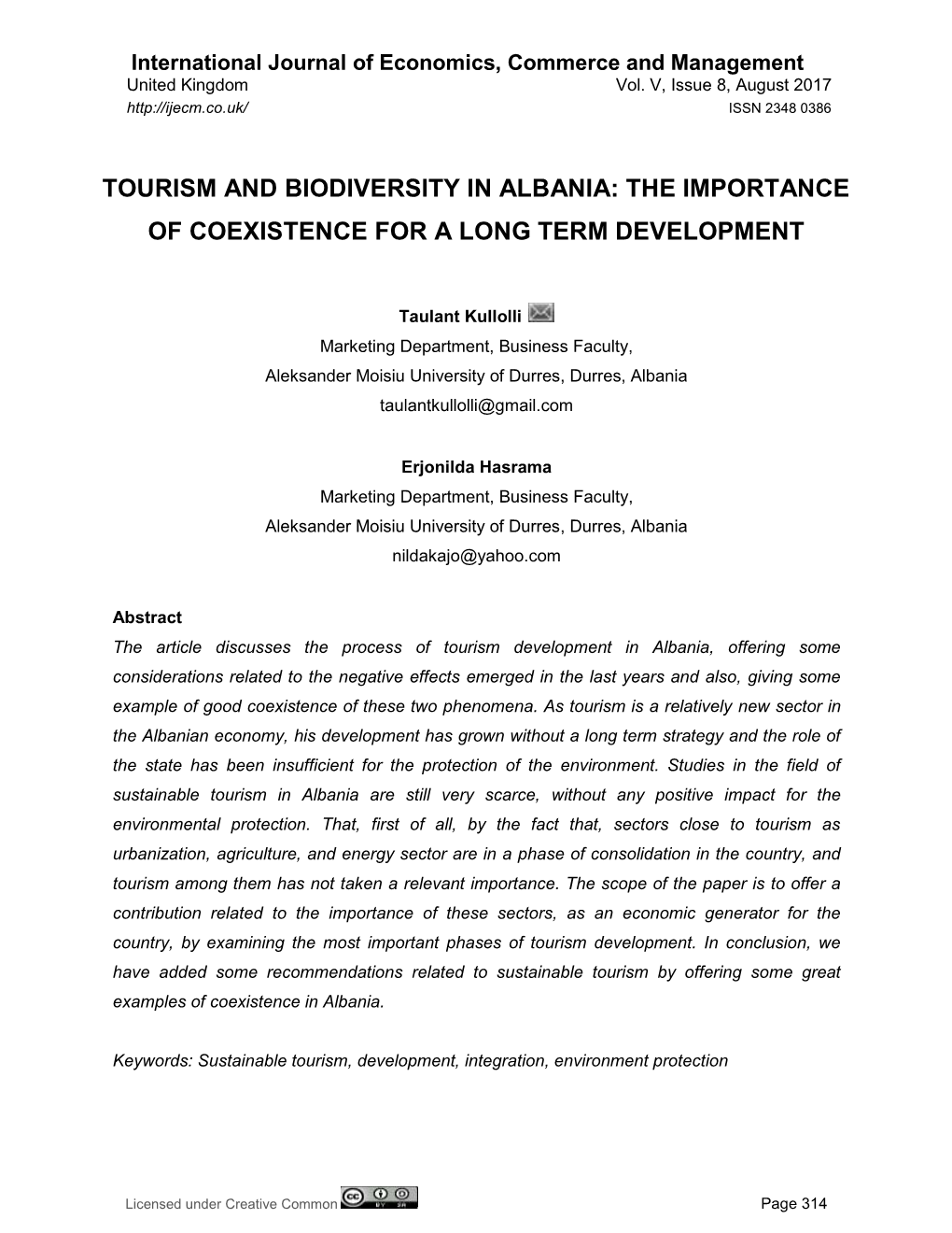 Tourism and Biodiversity in Albania: the Importance of Coexistence for a Long Term Development